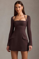 Ksenia-Pinstripe Structured A-Line Mini Dress in Chocolate Brown