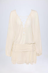 Avalon-Lace-Up Balloon-Sleeve Mini Dress in Ivory