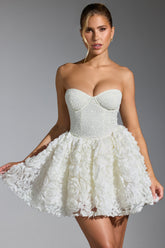 Evanthe-Embellished Floral-Appliqué Lace-Up Mini Dress in White