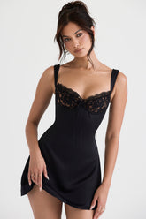 Adriana-Black Satin And Lace Mini Dress