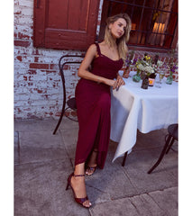 Morgana Lace-Up Ruched Mermaid Dress-BURGUNDY