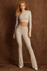 Mairead-Asymmetric Draped Mid-Rise Flared Trousers in Taupe