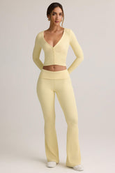 Jules-Modal Ribbed Foldover Flared Trousers in Buttercream Yellow