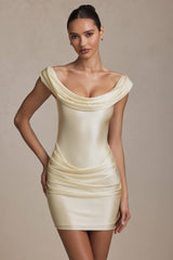 Maeve-Off-Shoulder Draped Mini Dress in Ivory