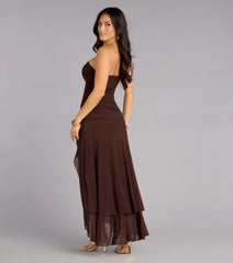 Chic Drama Strapless High Slit Ruffle Maxi Dress