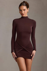 Isolde-Ruched Backless Turtleneck Mini Dress in Chocolate Brown