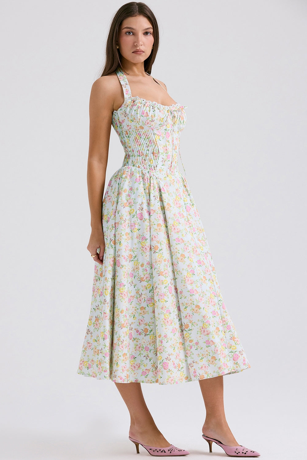 Adabella-Pale Blue Meadow Print Cotton Halter Sundress
