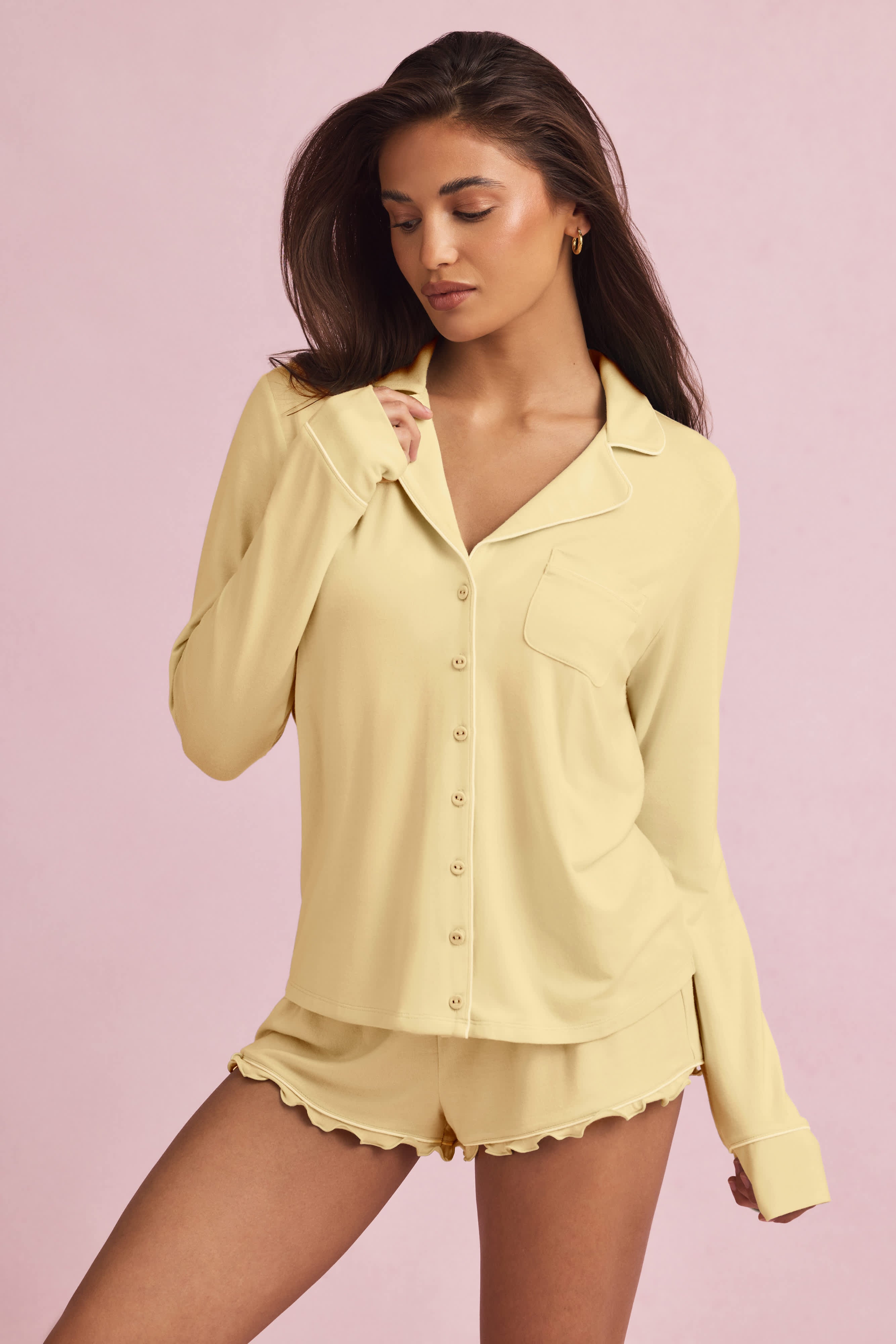 Mirae-Modal Long-Sleeve Pyjama Top in Pastel Yellow