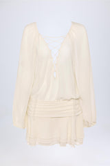 Avalon-Lace-Up Balloon-Sleeve Mini Dress in Ivory