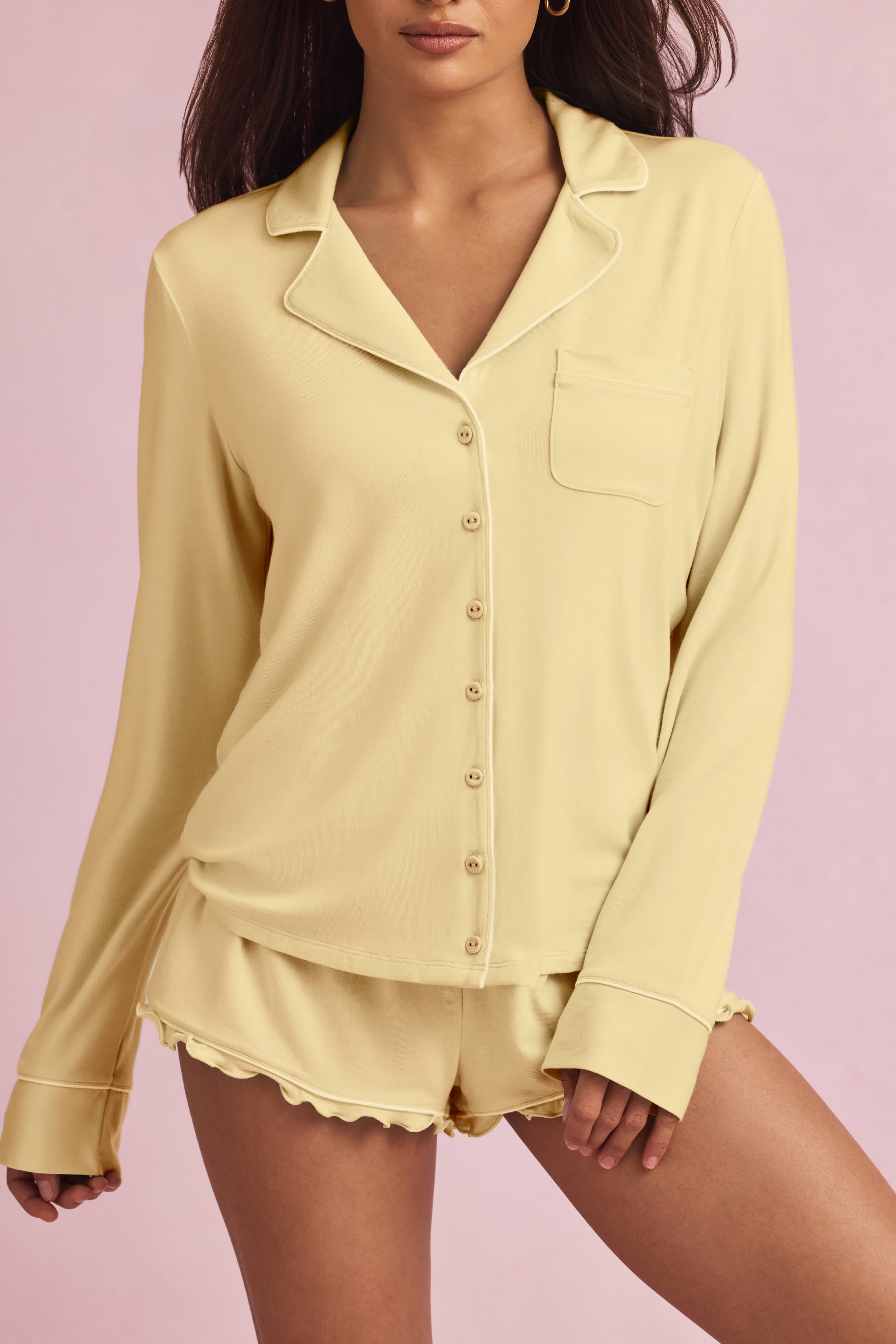 Mirae-Modal Long-Sleeve Pyjama Top in Pastel Yellow