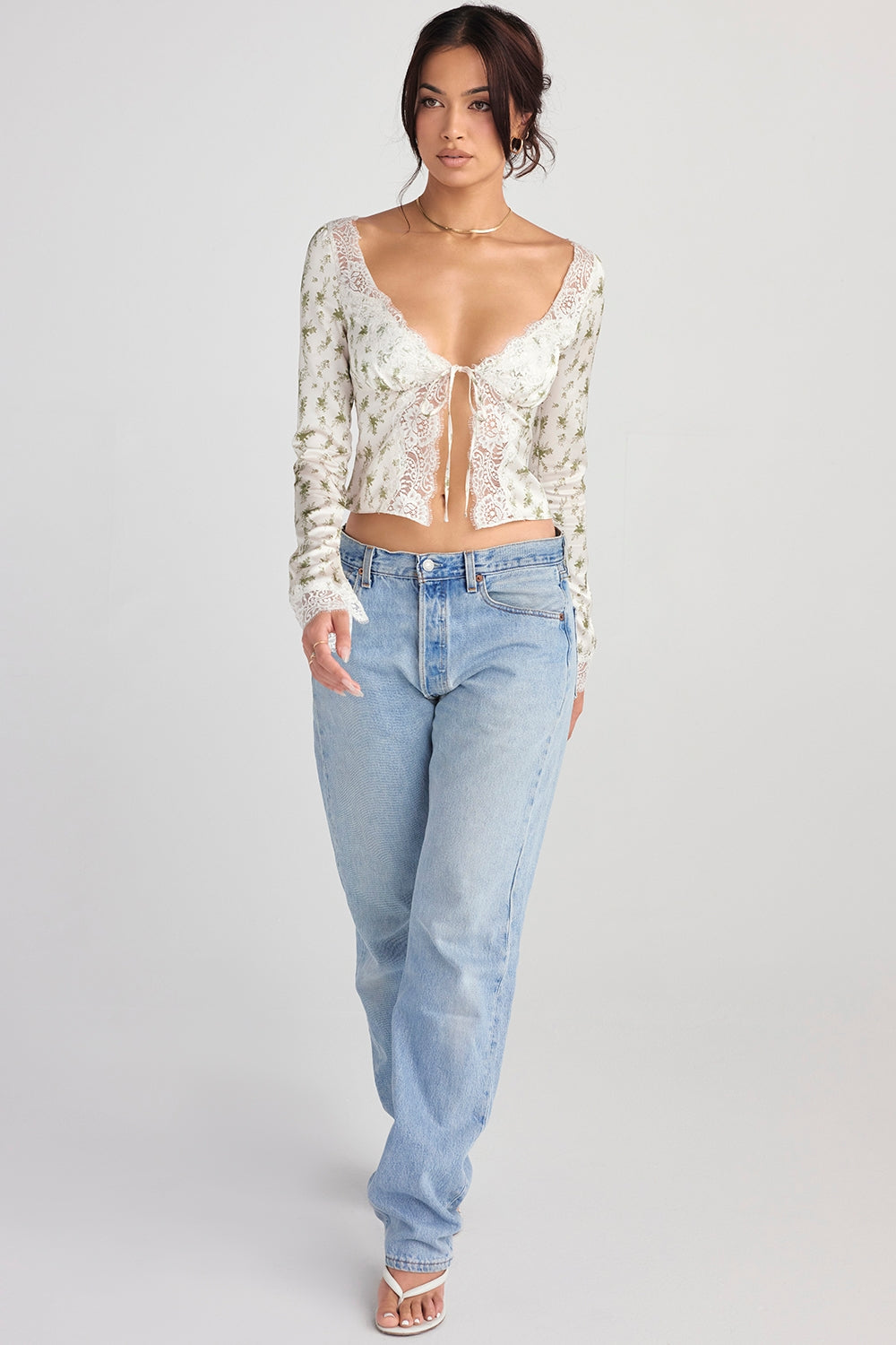 Clarissa-Garden Print Lace Trim Top
