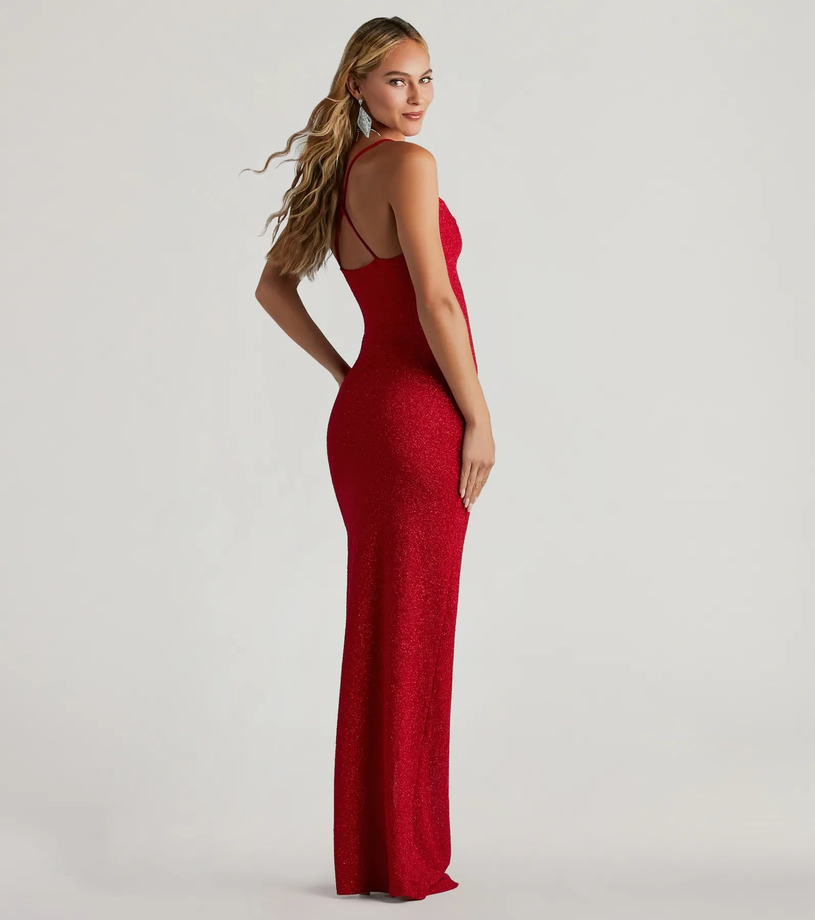 Amirah Formal Glitter Cowl Neck Column Dress-BURGUNDY