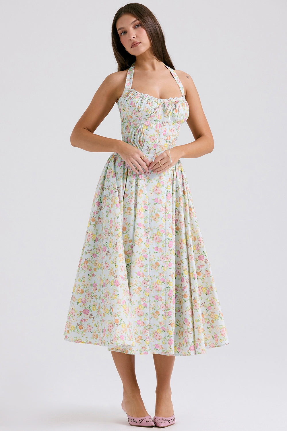 Adabella-Pale Blue Meadow Print Cotton Halter Sundress