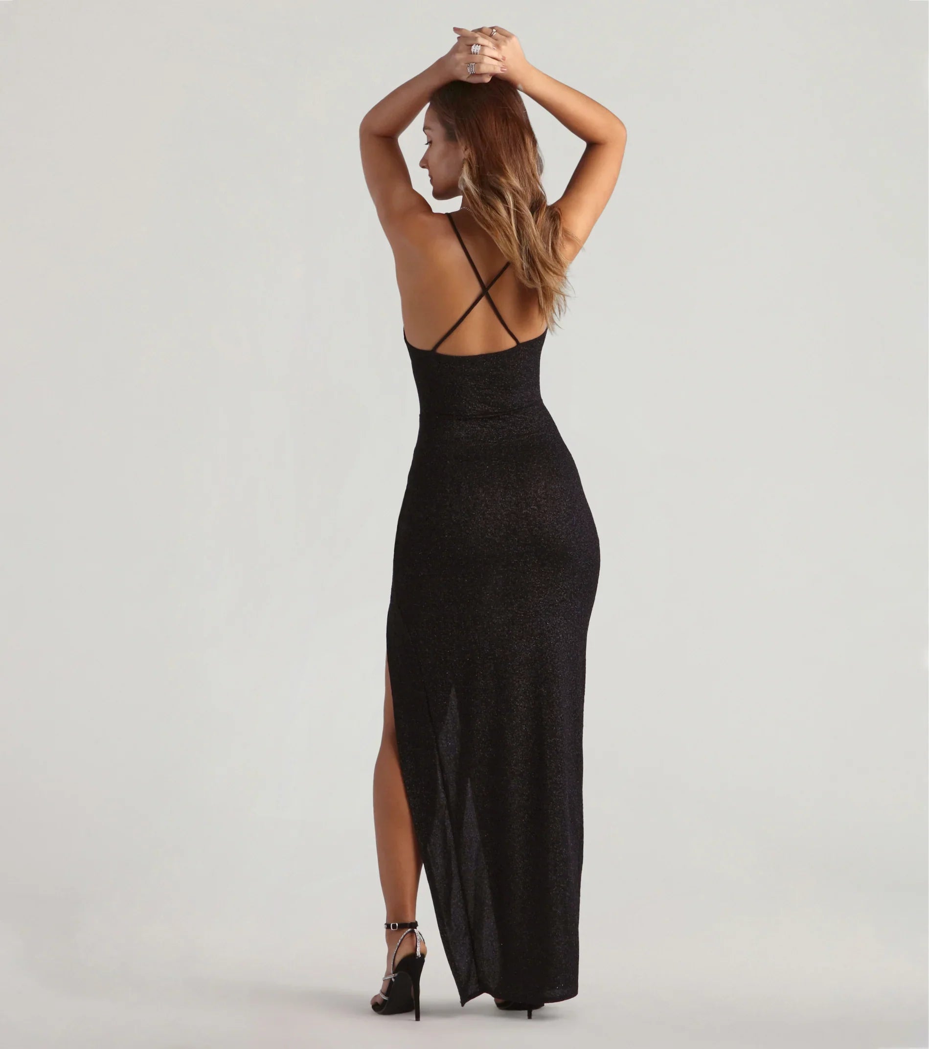 Amirah Formal Glitter Cowl Neck Column Dress-BLACK