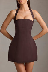 Odessa-Pinstripe Halterneck Structured A-Line Mini Dress in Chocolate Brown