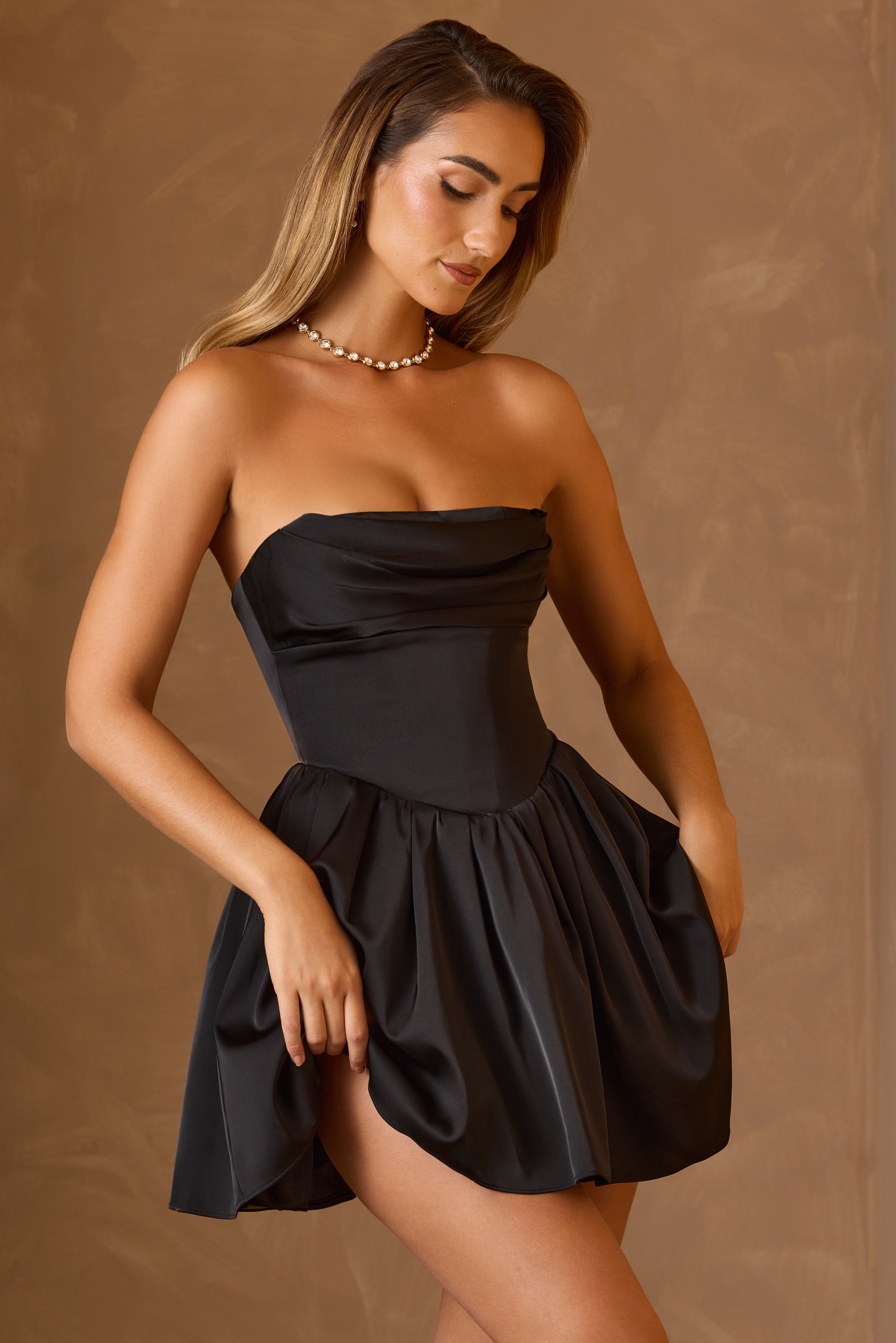 Emina-Cowl-Neck Corset Mini Dress in Black