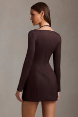Ksenia-Pinstripe Structured A-Line Mini Dress in Chocolate Brown