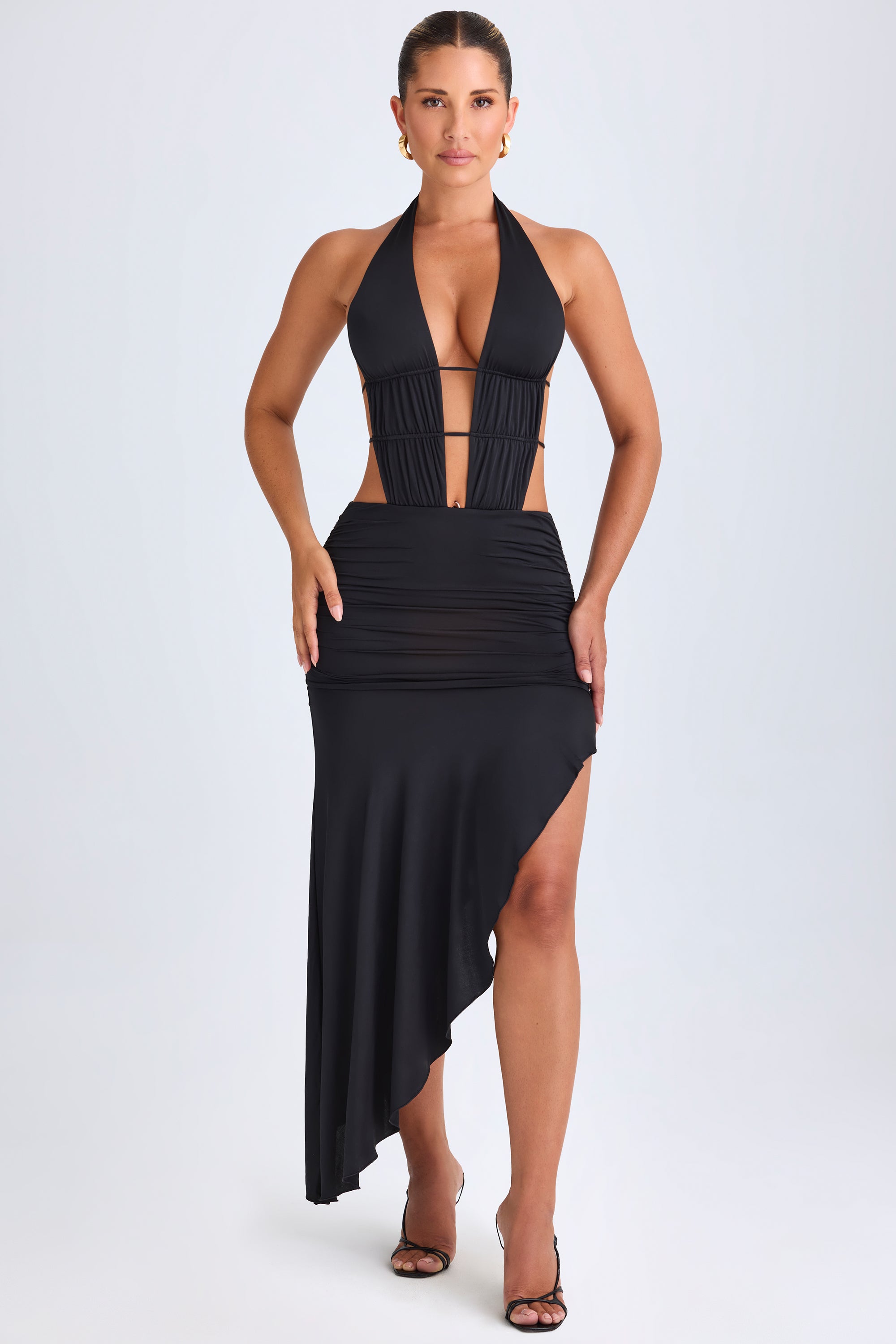 Manami-Asymmetric Cut-Out Halterneck Midaxi Dress in Black