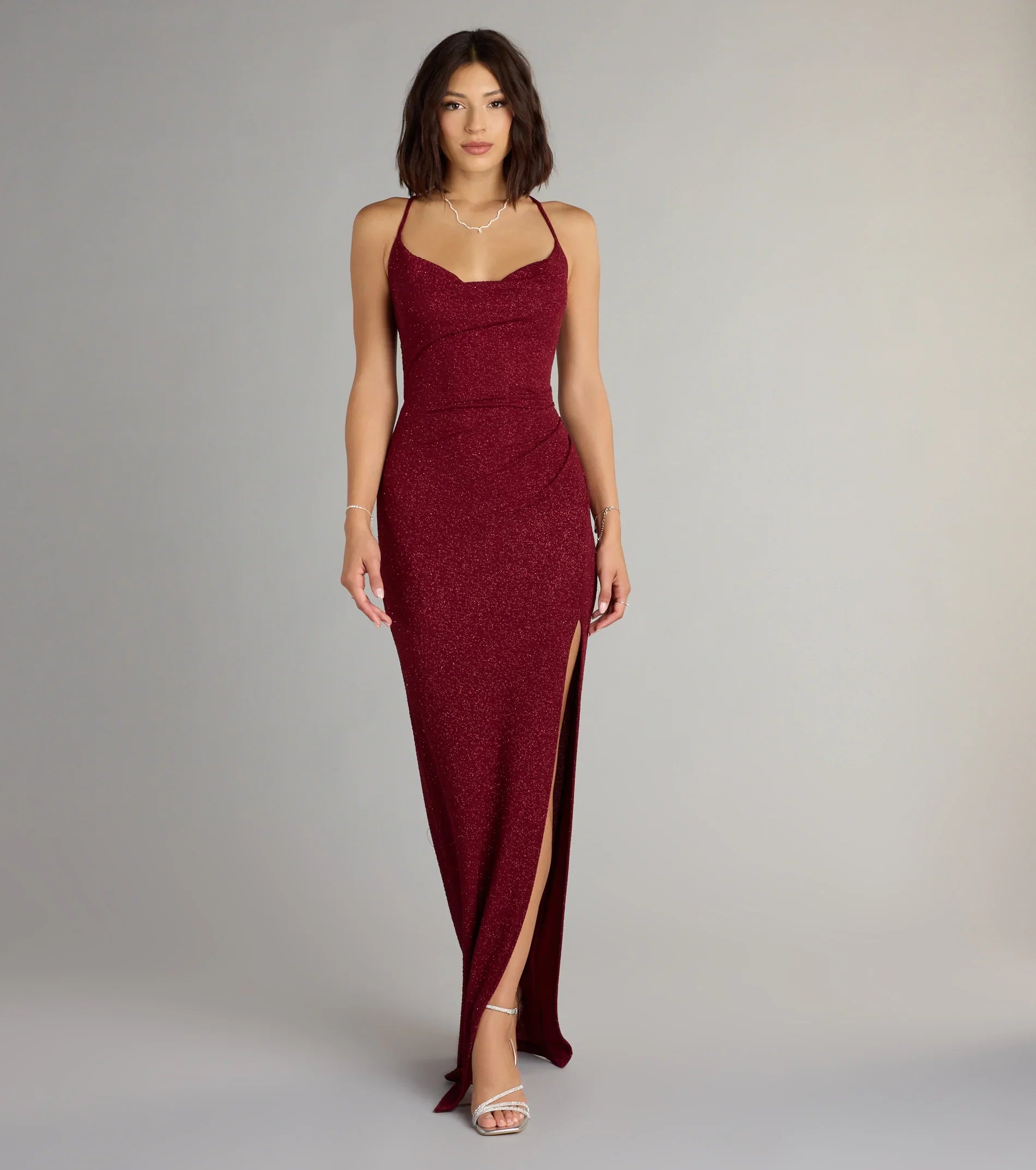 Amirah Formal Glitter Cowl Neck Column Dress-BURGUNDY
