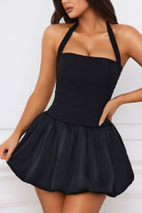 Ludmila-Halterneck Lace-Up Bubble Hem Corset Micro Mini Dress in Black