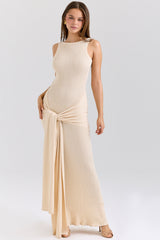 Akaia-Champagne Draped Silky Knit Maxi Dress