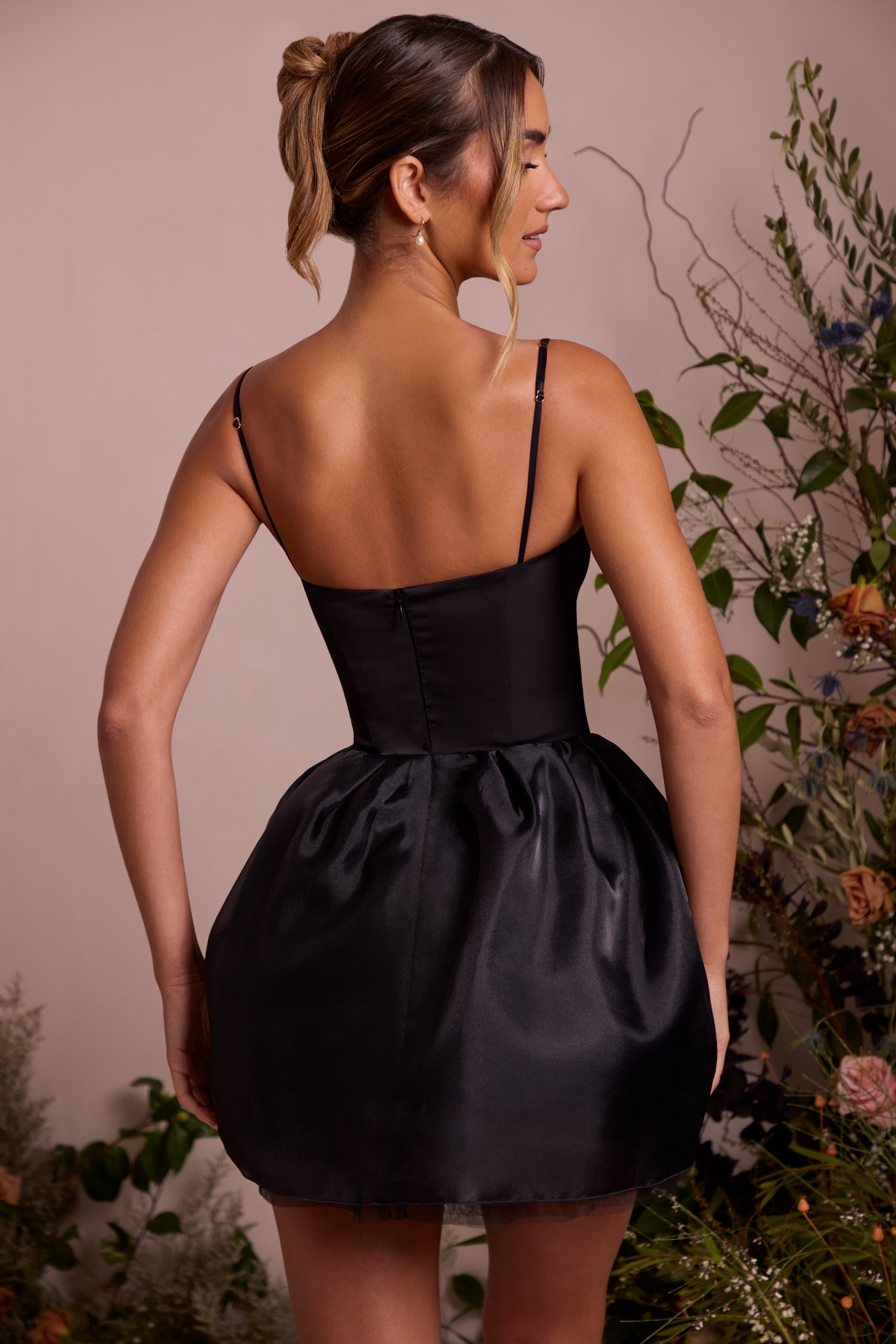 Floriane-Tulle Skirt Corset Mini Dress in Black