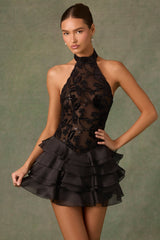 Petalia-Embellished Ruffled Halterneck Mini Dress in Black