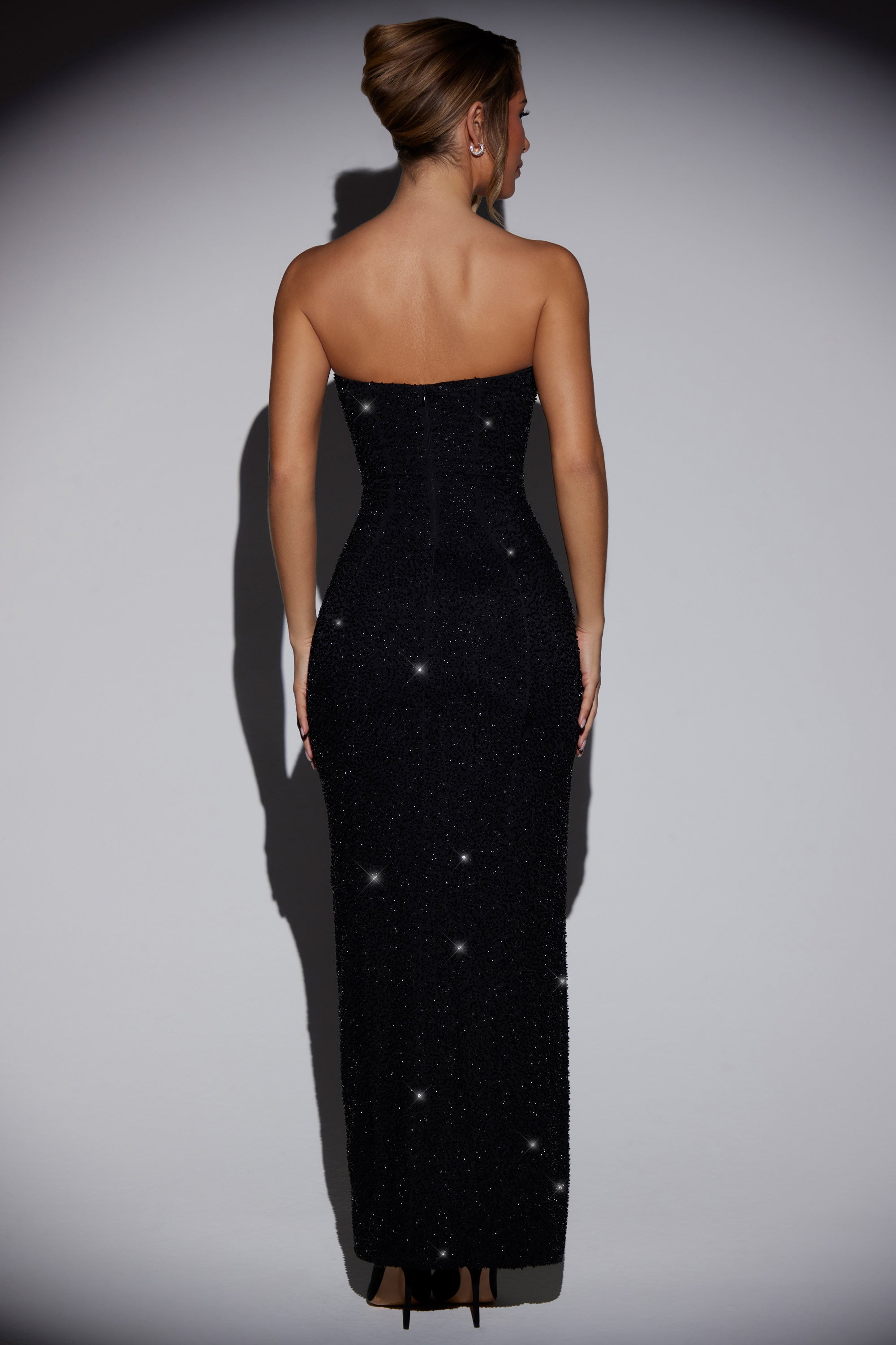 La Rochette-Embellished Bandeau Cowl Neck Maxi Dress in Black