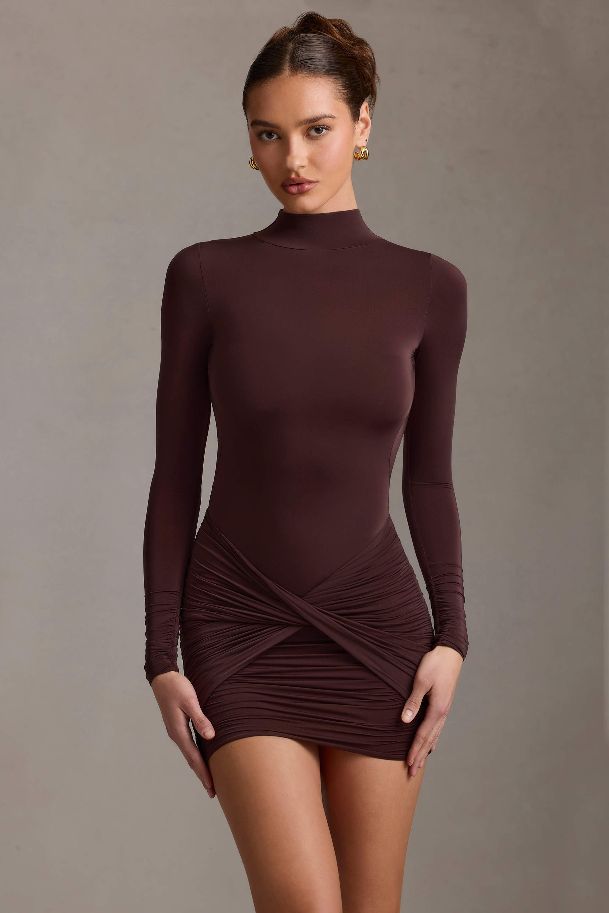 Isolde-Ruched Backless Turtleneck Mini Dress in Chocolate Brown